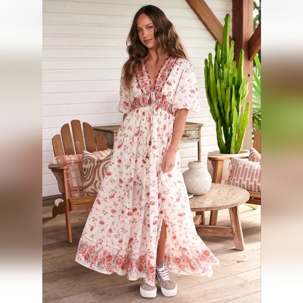 Free People Lynette Floral Maxi Dress Rose Cottagecore Prairie XS NWOT